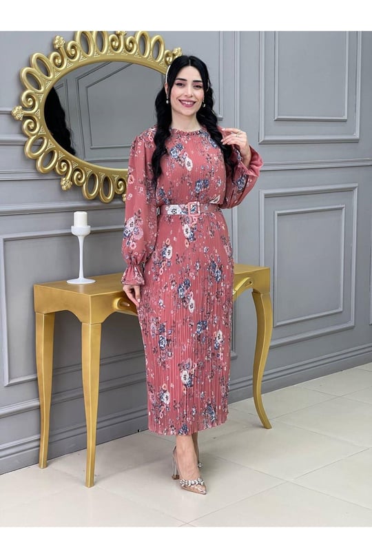 Desenli Bürümçük Elbise 3342 Taba
