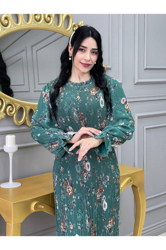 Desenli Bürümçük Elbise 3342 Yeşil