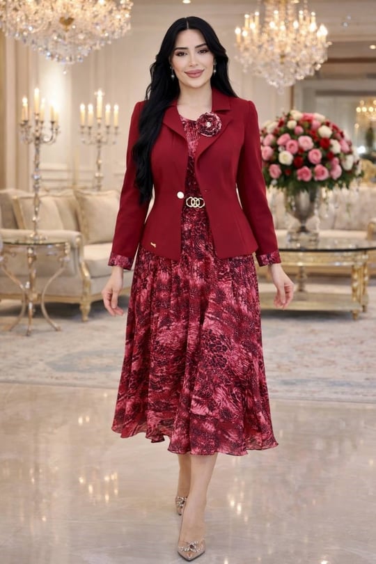 Desenli Elbise Ceket İkili Takım 0461 T-26 Bordo