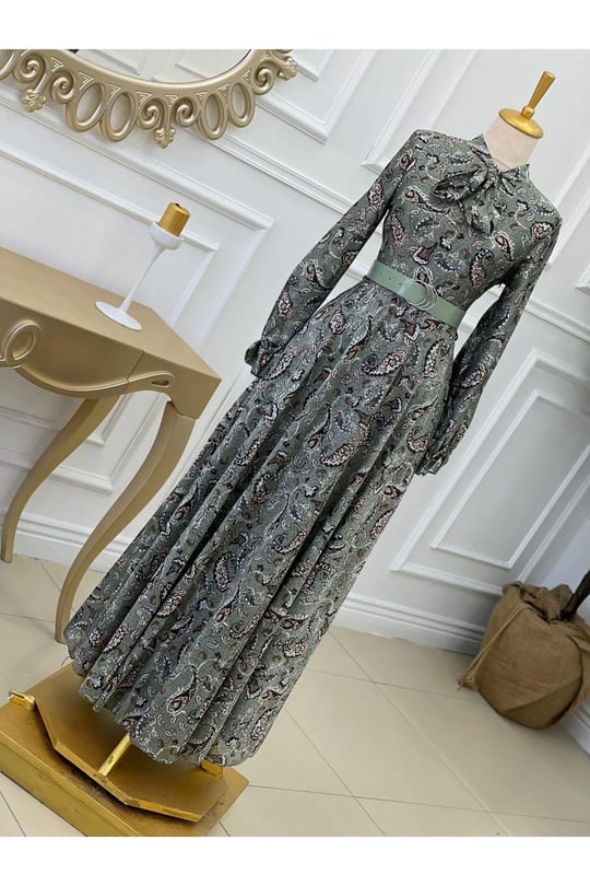 Desenli Güpür Elbise 0122 Mint yeşili