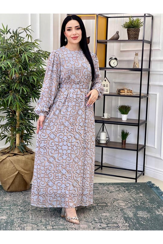 Desenli Şifon Elbise 3074 Mavi