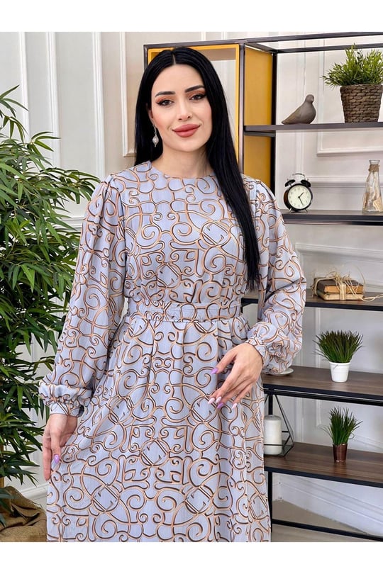 Desenli Şifon Elbise 3074 Mavi