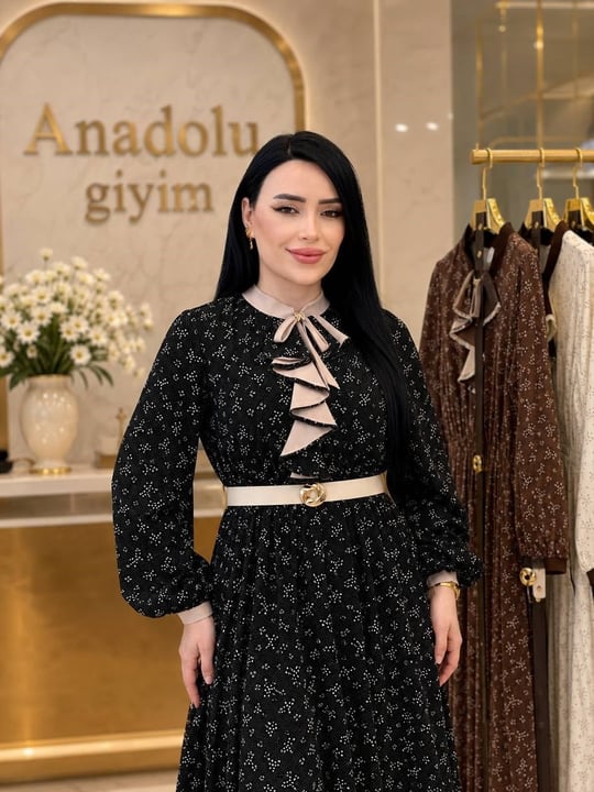 Desenli Yaka Volan Elbise 1201 T-26 Siyah
