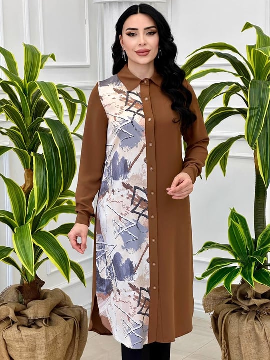 Dijital Baskı Tunik5416 Kahverengi