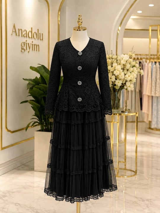 Dört Düğme Güpür Ceket Etekli Takım 1830 T-26 Siyah