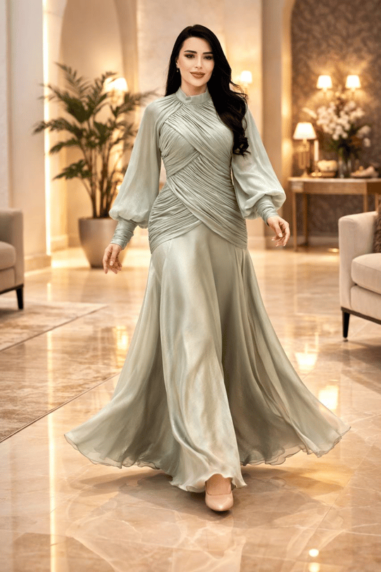 Drape Detay Jan Jan Elbise 5582 T-26 Su Yeşili