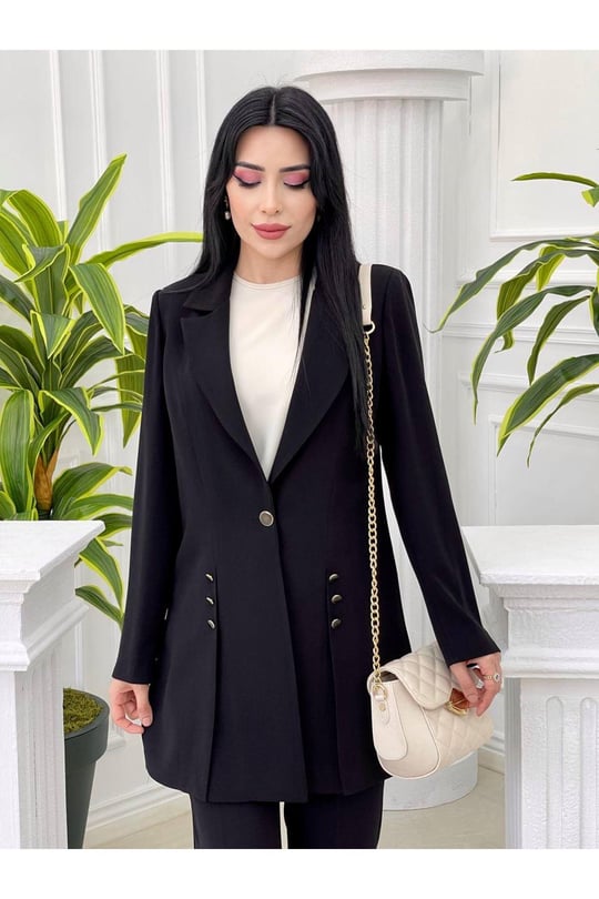 Düğme Detay 3 lü Takım 7018 Siyah