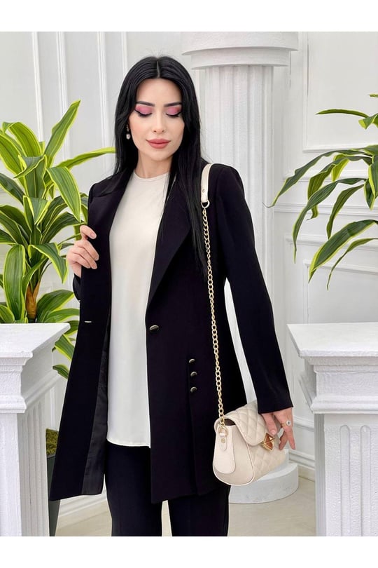 Düğme Detay 3 lü Takım 7018 Siyah