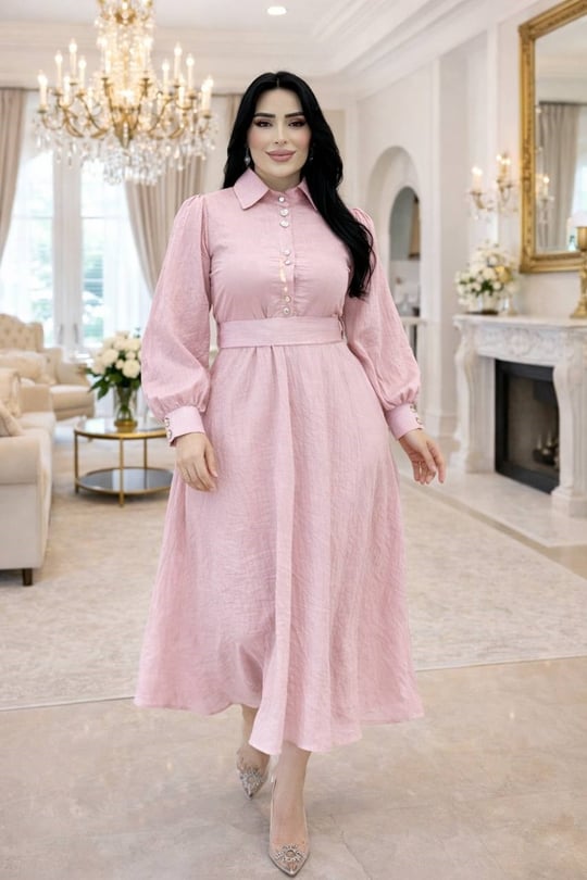 Düğme Detay Bağlamalı Elbise 2018 T-26 pembe