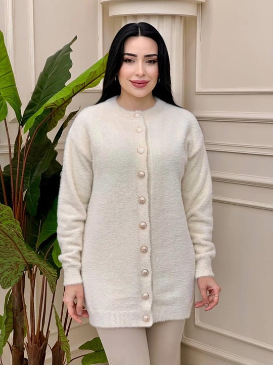 Düğmeli Angora  Hırka 7519 Ekru