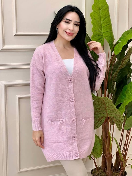 Düğmeli Ara Boy Hırka 3630 t-24 pembe