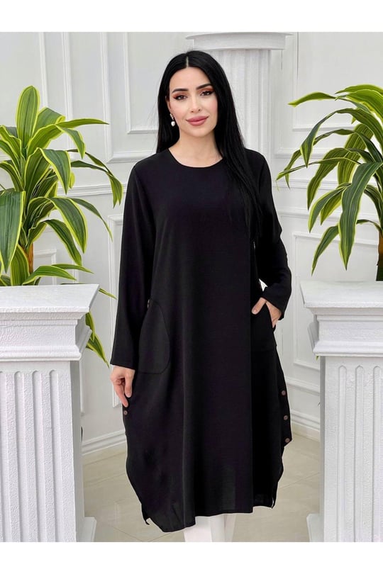 Düğmeli Ayrobin Tunik 7455-Siyah