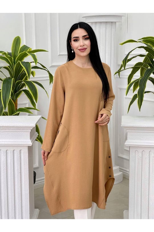Düğmeli Ayrobin Tunik 7455-Somon