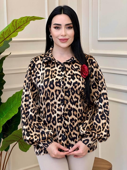 Düğmeli Saten Gömlek 0622 g0255 Leopar