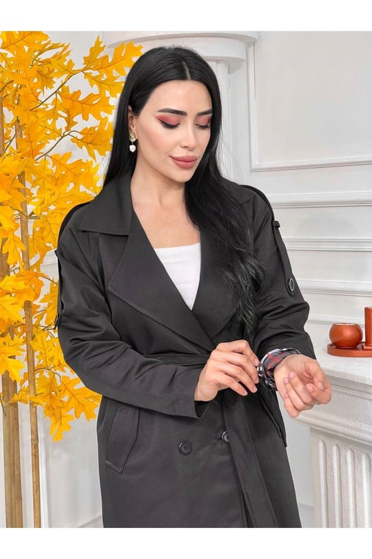 Ekose Detay Çift Düğme Trenç Kot 3152 Siyah