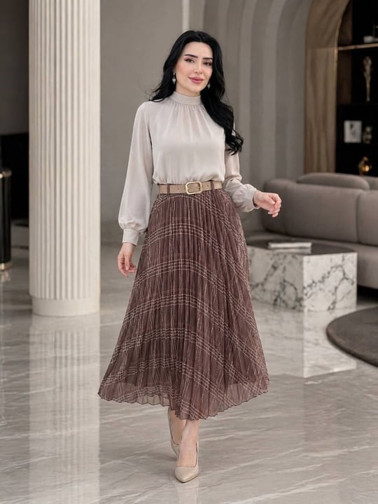 Ekose Piliseli Şifon Etek T-26 Taş