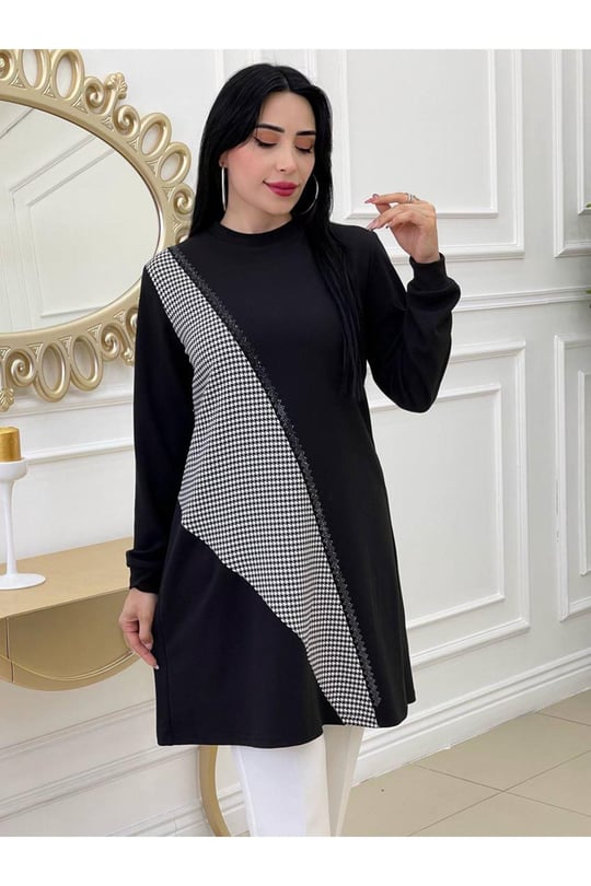 Ekose Şerit Taş Tunik Siyah