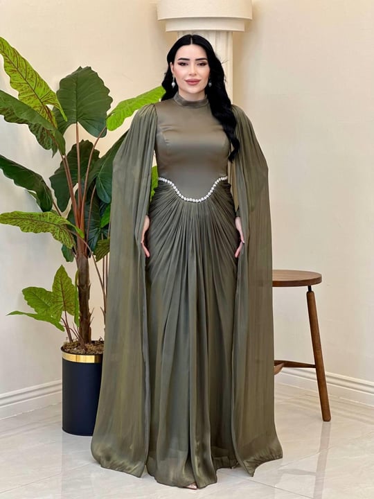 Eteği Drape Kol Pelerin Elbise 0711 T-25 Haki