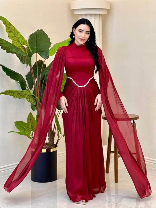 Eteği Drape Kol Pelerin Elbise 0711 T-25 Bordo