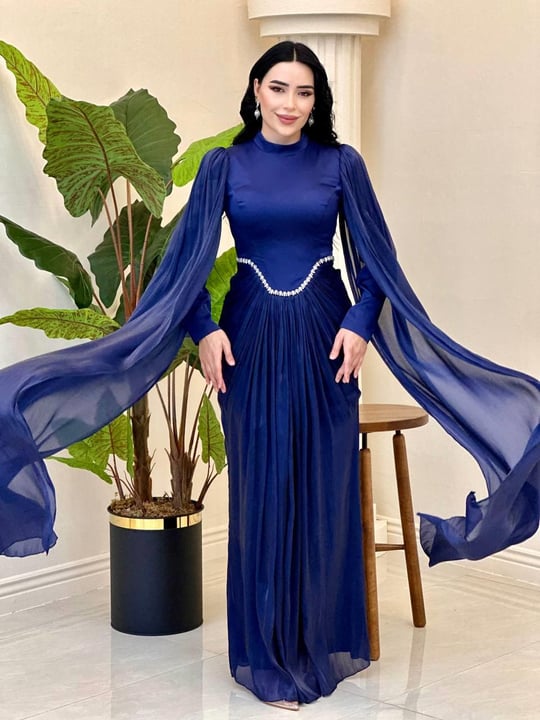 Eteği Drape Kol Pelerin Elbise 0711 T-25 Lacivert