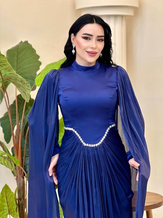 Eteği Drape Kol Pelerin Elbise 0711 T-25 Lacivert