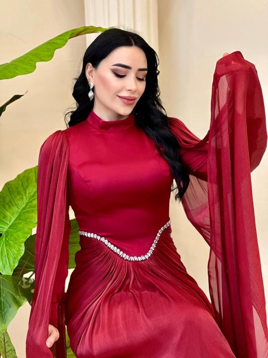 Eteği Drape Kol Pelerin Elbise 0711 T-25 Bordo