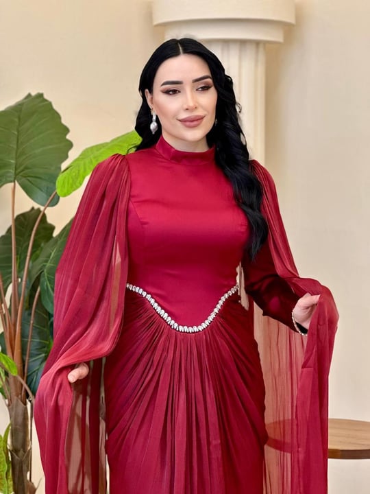 Eteği Drape Kol Pelerin Elbise 0711 T-25 Bordo