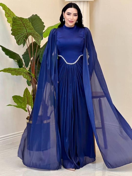 Eteği Drape Kol Pelerin Elbise 0711 T-25 Lacivert