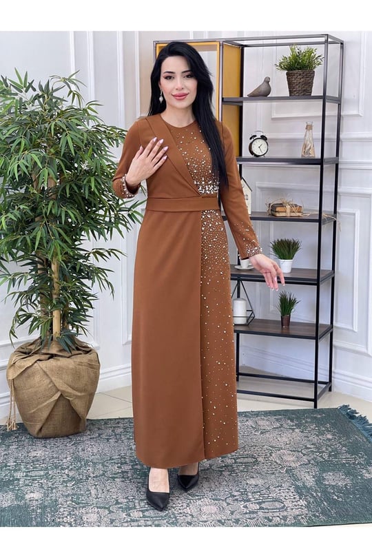 Eteği İncili Elbise 1078 Hardal