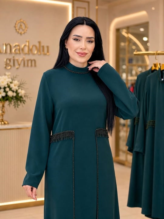 Eteği Kapak Boncuk Detay İkili Takım 1146 T-26 Zümrüt Yeşil