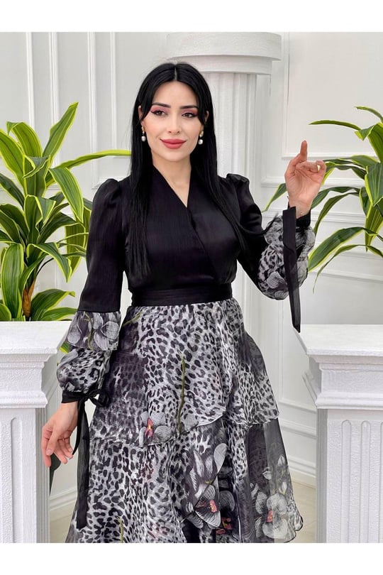 Eteği Kat Kat Çiçek Desen Elbise 3836 Gri