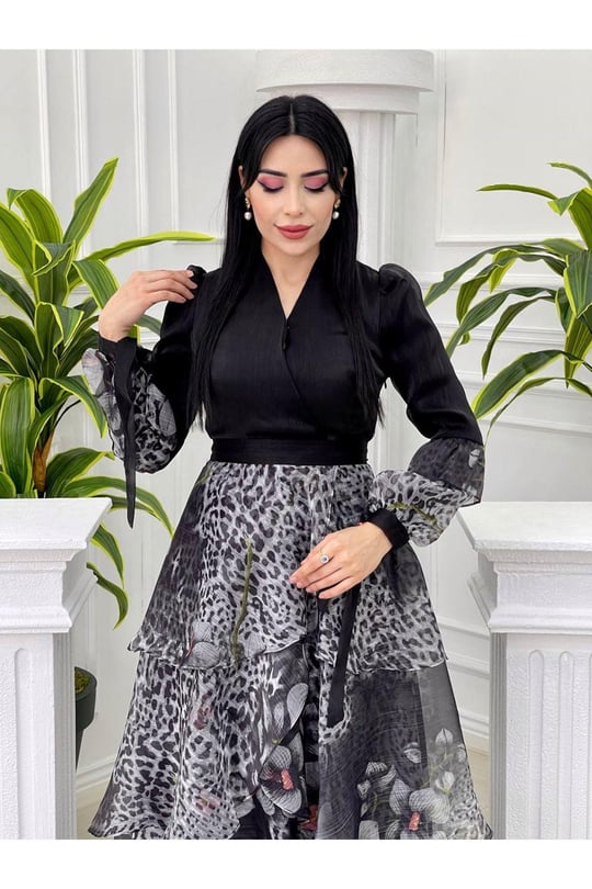 Eteği Kat Kat Çiçek Desen Elbise 3836 Gri