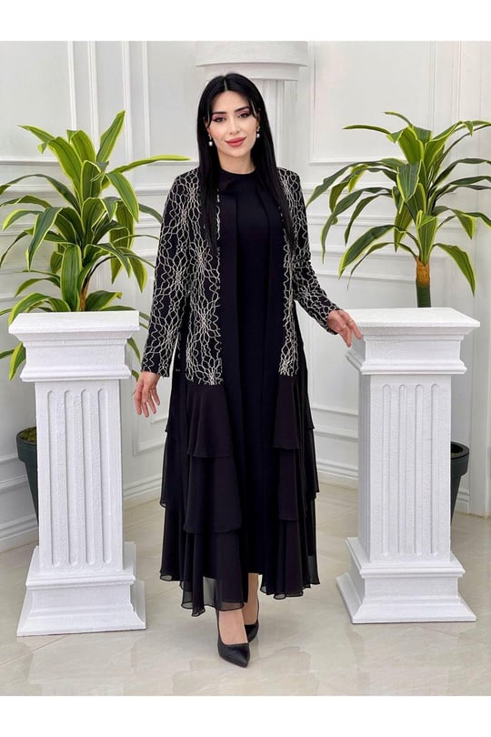 Eteği Katlı Abaya Takım 3318 Siyah