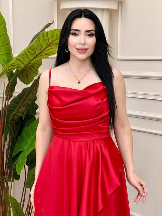 Eteği Molanlı Saten Elbise 2353 T-24 Kırmızı