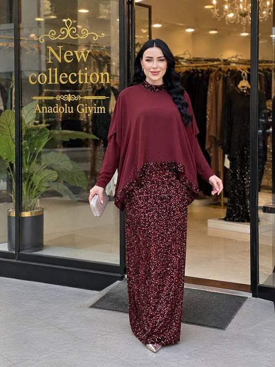 Eteği Payet Şifon Detay Elbise 4828 T-26 Bordo