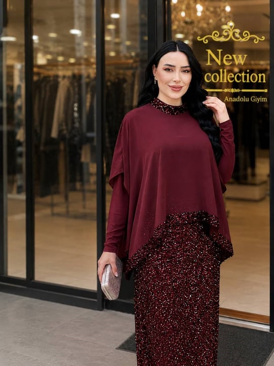 Eteği Payet Şifon Detay Elbise 4828 T-26 Bordo