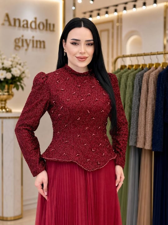 Eteği Tül Pilise Takım Görünümlü Abiye 3945 T-26 Bordo