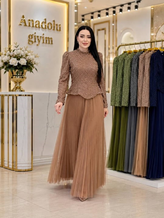 Eteği Tül Pilise Takım Görünümlü Abiye 3945 T-26 Kahverengi