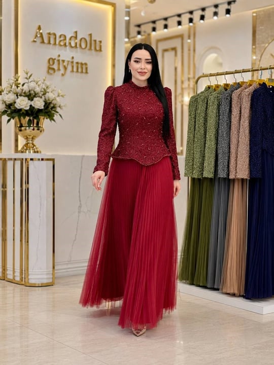 Eteği Tül Pilise Takım Görünümlü Abiye 3945 T-26 Bordo