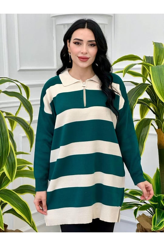 Fermuarlı Pola Yaka Çizğilii Tunik 14784 Yeşil
