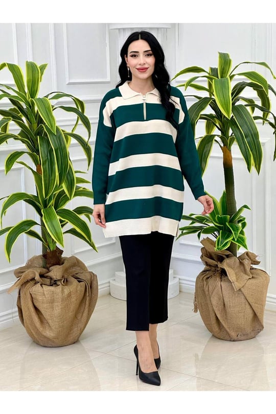 Fermuarlı Pola Yaka Çizğilii Tunik 14784 Yeşil