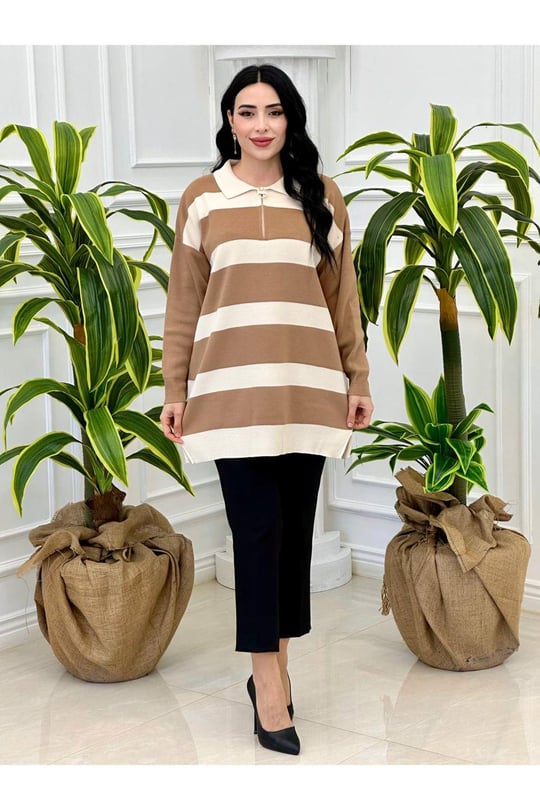 Fermuarlı Pola Yaka Çizğilii Tunik 14784 Vizon
