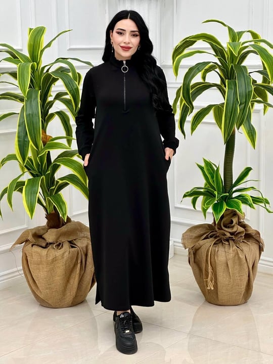 Fermuarlı Sweat Elbise 7639 Siyah