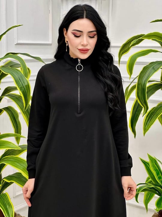 Fermuarlı Sweat Elbise 7639 Siyah