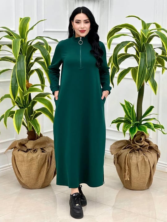 Fermuarlı Sweat Elbise 7639 Yeşil