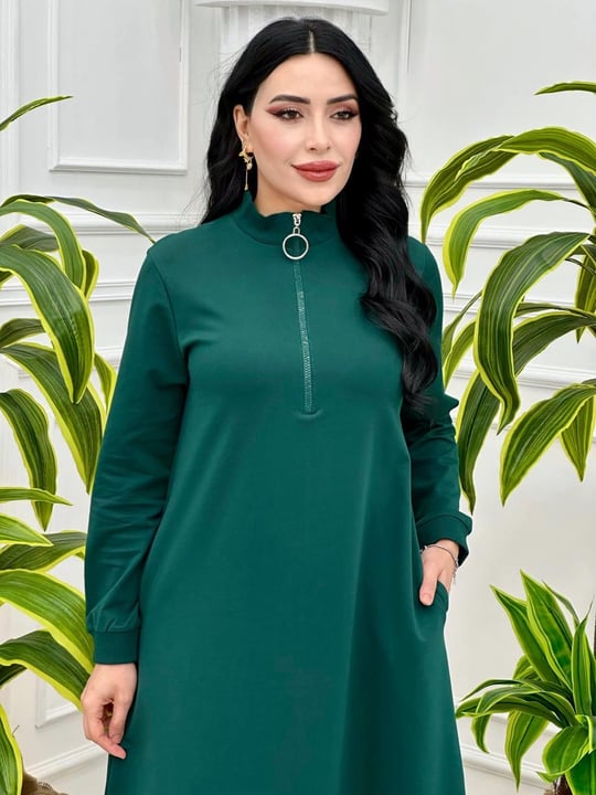 Fermuarlı Sweat Elbise 7639 Yeşil