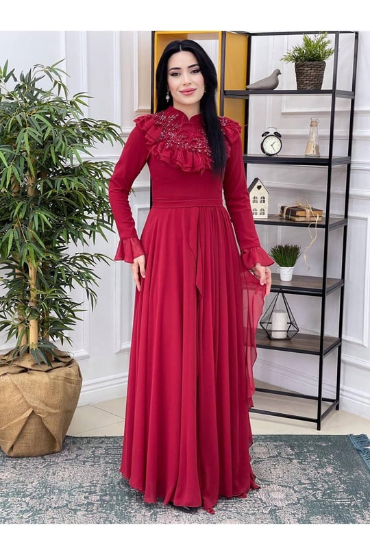 Fırfırlı Abiye 16815 Kırmızı