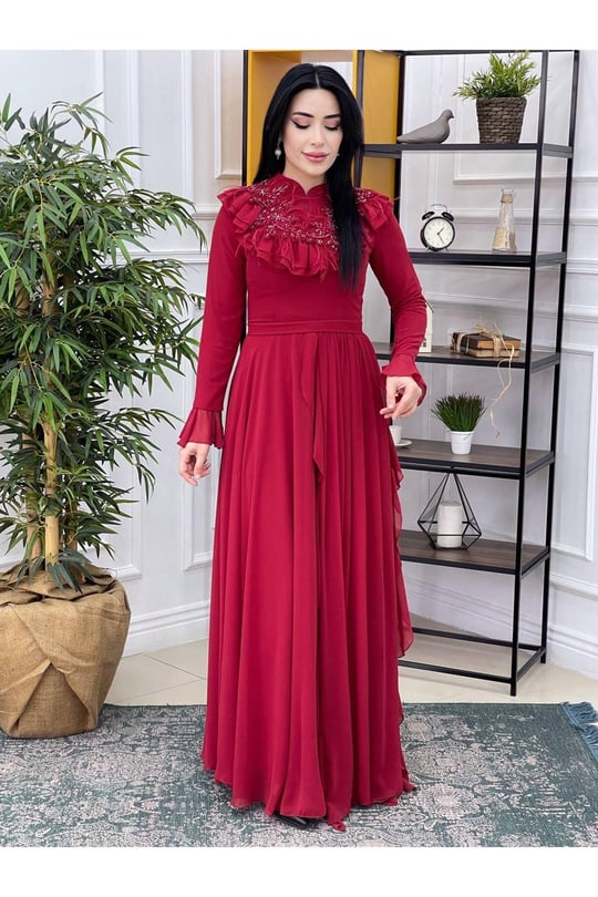 Fırfırlı Abiye 16815 Kırmızı