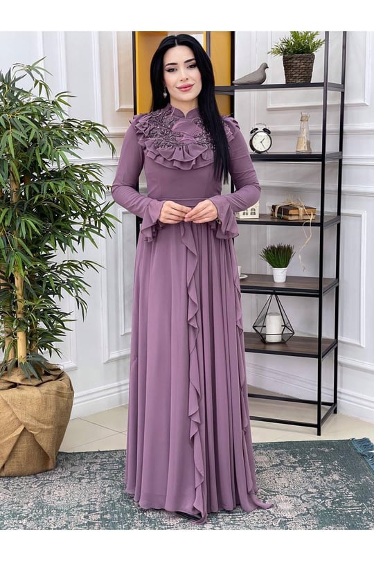 Fırfırlı Abiye 16815 Leylak