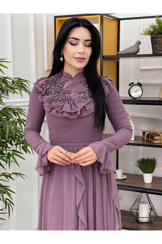 Fırfırlı Abiye 16815 Leylak